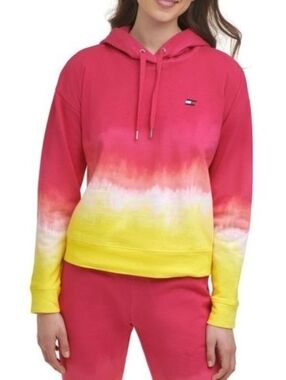 ☔️🔹Tommy Hilfiger Sport Pink & Yellow Sunrise Dip Dye Hoodie Sweatshirt Large